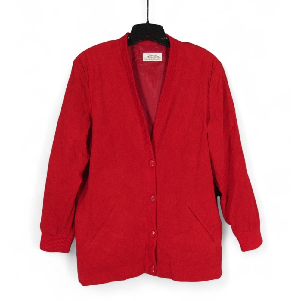Vtg LILLI ANN Collections Red ULTRASUEDE Button-Up Pockets Cardigan Jacket Sz M
